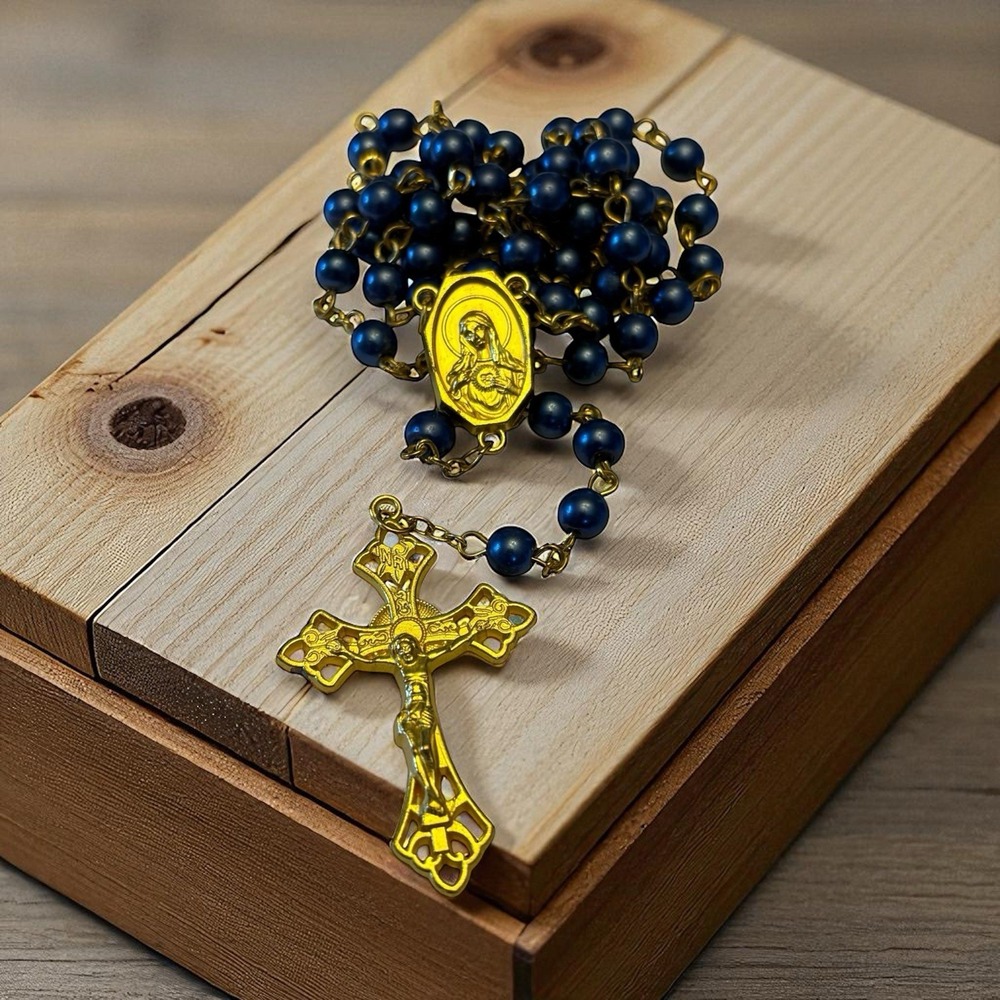 Catholic Blue Faux Pearl 5 Decade Rosary Gold Tone Crucifix Mary Center Prayer